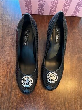 Brighton Black Embossed Leather Heels with Silver Swirl Medallions